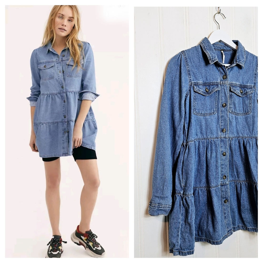 Free People Nicole Denim Shirtdress XS Indigo Utility Button Front Mini
